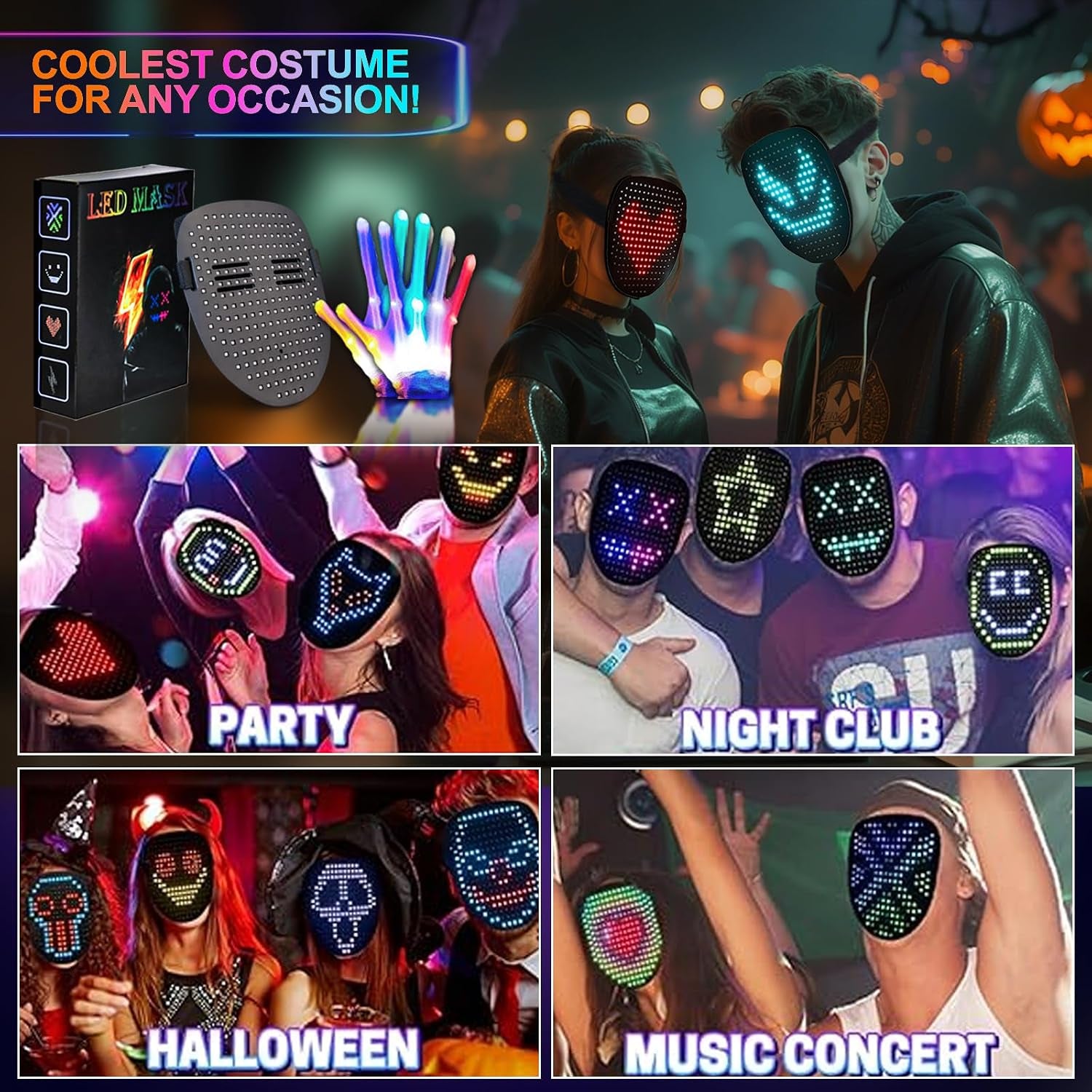 Led-Mask Gloves Cool Stuff Glow Toys for Kids Adult Boys 2026 | Gesture Sensing Rechargeable Light up Costume Cos Glow in Dark, Xmas Gifts for Boys Teen Age 8 9 10+
