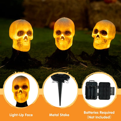 3 Pack Halloween Light up Skeleton Decorations Outdoor,Halloween Graveyard Spooky Skull Stakes Pathway Lights for Halloween Props Yard Decor