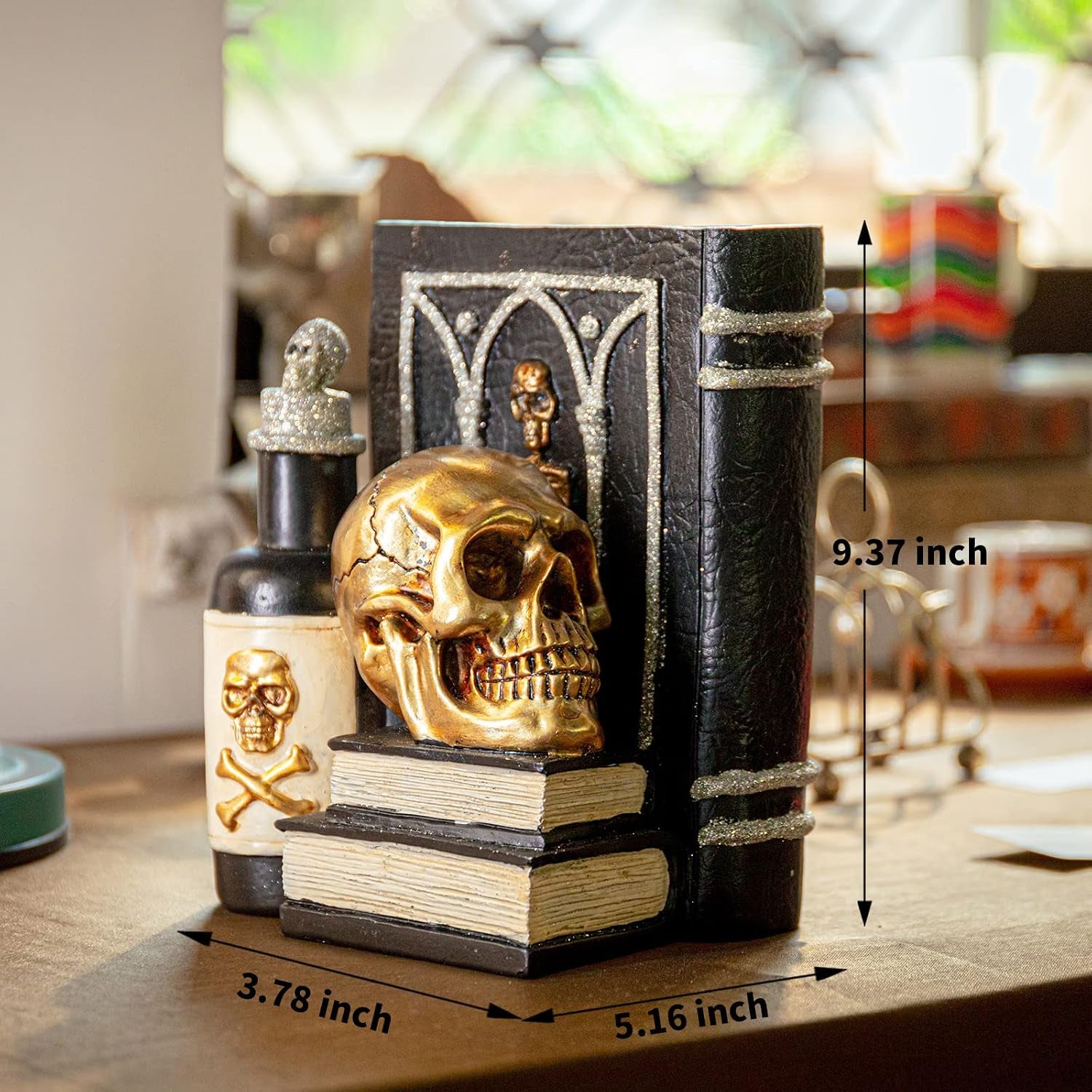 Halloween Skull Decor, Gothic Skeleton Heads and Book Resin Statue, Collectible Figurines for Halloween Decor Unique Gifts for Home Decorations 9.2"