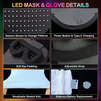 Led-Mask Gloves Cool Stuff Glow Toys for Kids Adult Boys 2026 | Gesture Sensing Rechargeable Light up Costume Cos Glow in Dark, Xmas Gifts for Boys Teen Age 8 9 10+