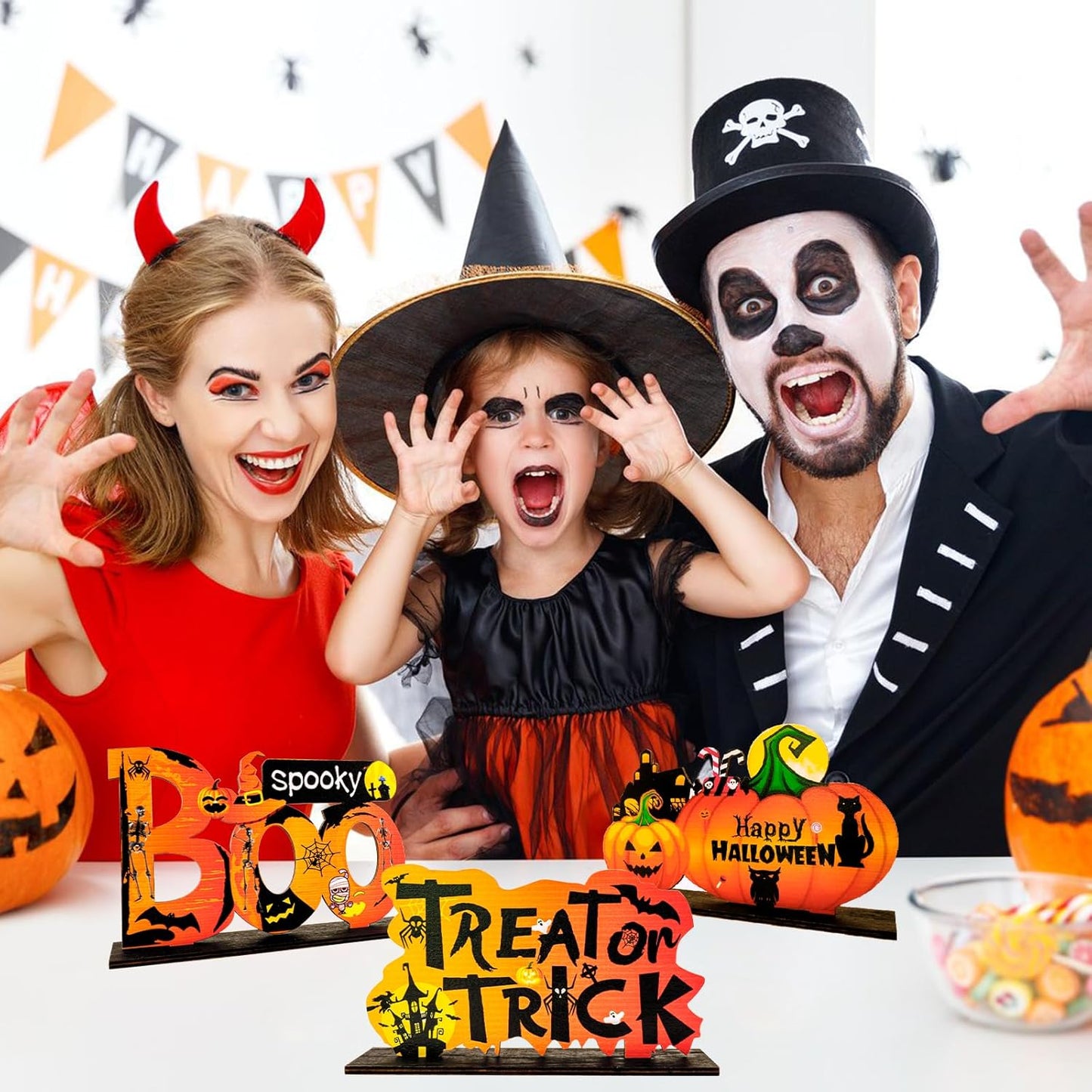 Happy Halloween Table Decorations 3PCS Halloween Pumpkin Centerpieces for Tables Wooden Trick or Treat/Boo Spooky Tabletop Signs for Halloween Party Indoor Tier Tray Room