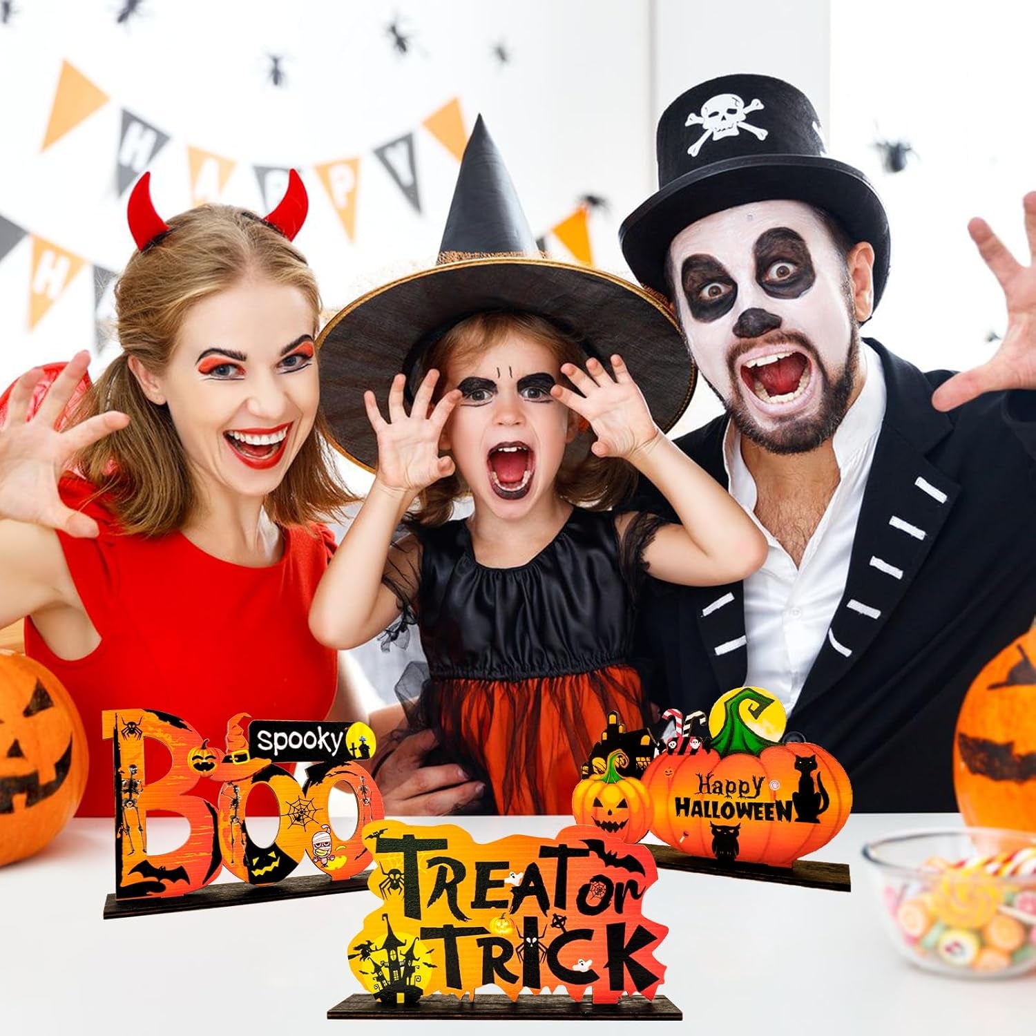 Happy Halloween Table Decorations 3PCS Halloween Pumpkin Centerpieces for Tables Wooden Trick or Treat/Boo Spooky Tabletop Signs for Halloween Party Indoor Tier Tray Room