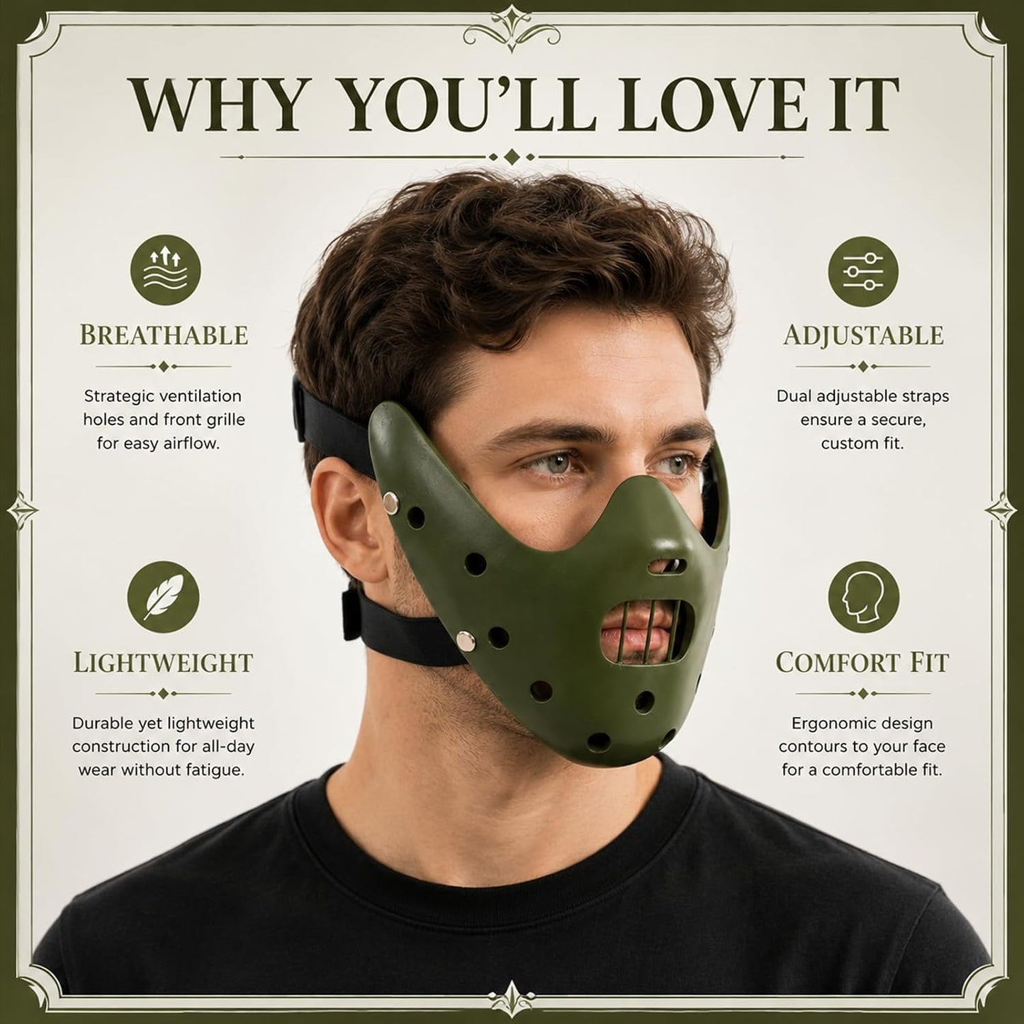 Hannibal Lecter Mask Cosplay the Silence of the Lambs Half Face Resin Mask | Halloween Costume Prop, Durable Resin, Sponge Pads, Adjustable Buckle Straps, Open Mouth Cage, Adult, for Role Play Party
