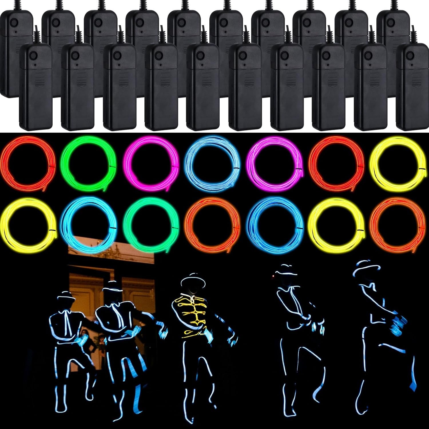 30 Set 6.6 Ft El Wire Neon Light Portable Neon Cuttable Glowing with Strip LED Rope Battery Powered Wire Glow in the Dark Wearable LED Lights for Clothing Halloween DIY Costume Party Decor